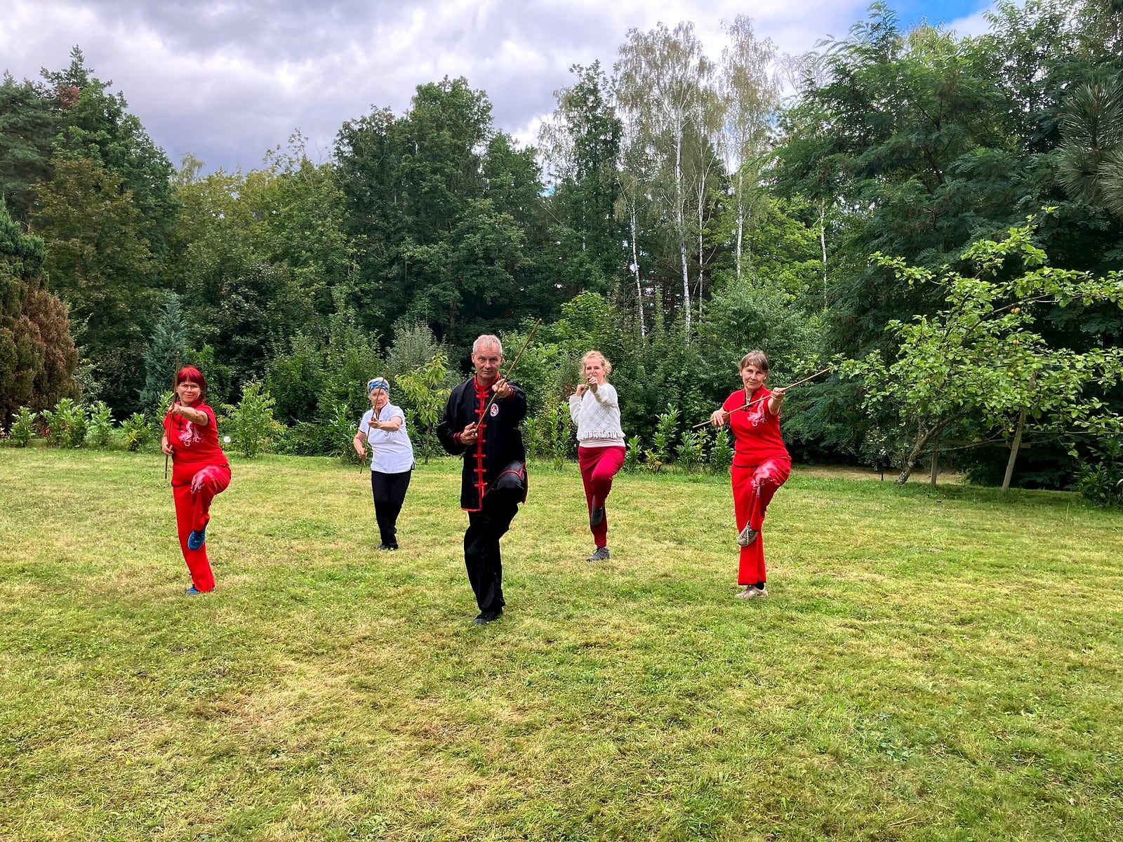 Kleine Gruppe übt Tai Chi auf einer Wiese vor Bäumen
